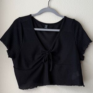 SHEIN Black Tie-Front V-Neck Textured Crop Top
